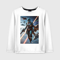 Лонгслив хлопковый детский Девушка-мандалорец в космосе, цвет: белый