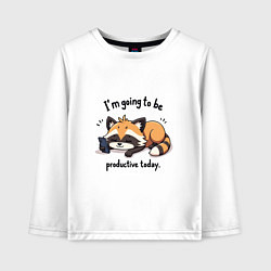 Лонгслив хлопковый детский Продуктивный енот с телефоном, цвет: белый