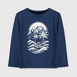 Лонгслив хлопковый детский Тропический закат: горы, пальмы и море, цвет: тёмно-синий