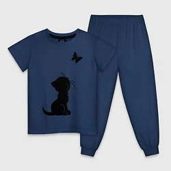 Пижама хлопковая детская Котенок и бабочка, цвет: тёмно-синий