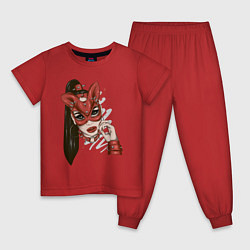 Пижама хлопковая детская Девушка в маске кошки, цвет: красный