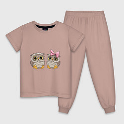 Пижама хлопковая детская Совушки, цвет: пыльно-розовый