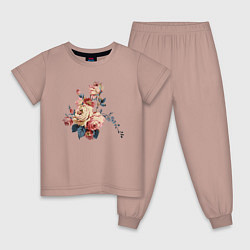 Пижама хлопковая детская Цветы, арт, цвет: пыльно-розовый
