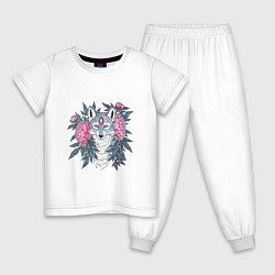 Пижама хлопковая детская Внутренний волк и пионы, цвет: белый