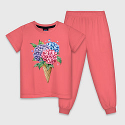 Пижама хлопковая детская Букет цветов в рожке, цвет: коралловый