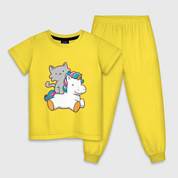 Пижама хлопковая детская Котёнок верхом на единороге, цвет: желтый