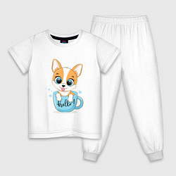 Пижама хлопковая детская Собачка в кружке hello, цвет: белый