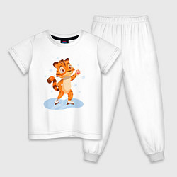 Пижама хлопковая детская Тигр катается на коньках, цвет: белый
