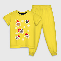 Пижама хлопковая детская Новогодние Коты в Шапках, цвет: желтый