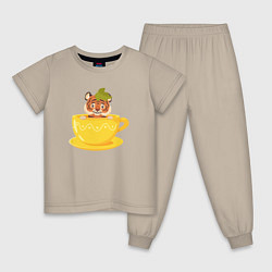 Пижама хлопковая детская Тигренок в чашке чая, цвет: миндальный