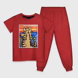 Пижама хлопковая детская Орущий кот пародия на Крик Мунка, цвет: красный