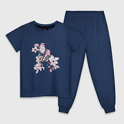 Пижама хлопковая детская Розовые птицы и цветы магнолии, цвет: тёмно-синий