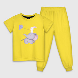 Пижама хлопковая детская Милый Слонёнок и Кролик Играют С Воздушным Змеем, цвет: желтый
