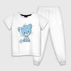 Пижама хлопковая детская Синий плюшевый котик, цвет: белый