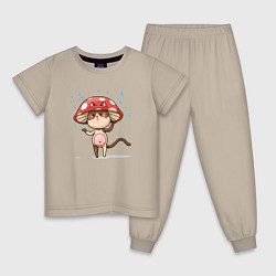 Пижама хлопковая детская Кот в шляпе гриба, цвет: миндальный