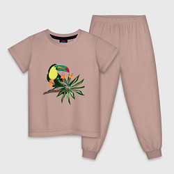 Пижама хлопковая детская Птица тукан с цветами и листьями, цвет: пыльно-розовый