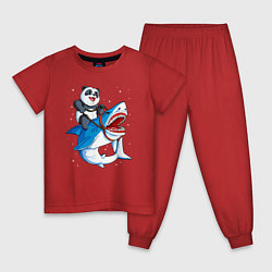 Пижама хлопковая детская Панда верхом на акуле в космосе, цвет: красный