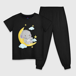 Пижама хлопковая детская Милый слонёнок сидит на месяце среди звёзд, цвет: черный