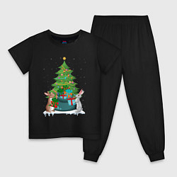 Пижама хлопковая детская Кролики елка и мешок подарков, цвет: черный