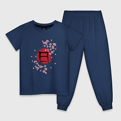 Пижама хлопковая детская Цветущая сакура и красный круг с японским иероглиф, цвет: тёмно-синий