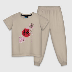 Пижама хлопковая детская Цветущая вишня и красный круг с японским иероглифо, цвет: миндальный