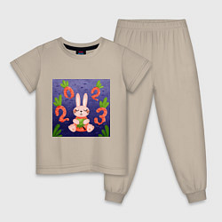 Пижама хлопковая детская Новый год 2023, заяц с ёлочкой и цифрами морковкам, цвет: миндальный