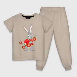 Пижама хлопковая детская Черный водяной кролик в красной рубахе, цвет: миндальный