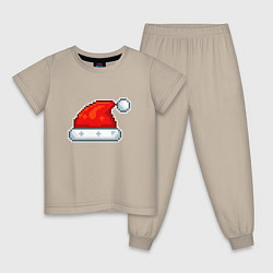 Пижама хлопковая детская Пиксельная шапка Санта Клауса, цвет: миндальный