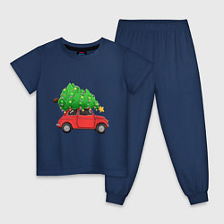 Пижама хлопковая детская Новогодняя машина с праздничной елкой, цвет: тёмно-синий