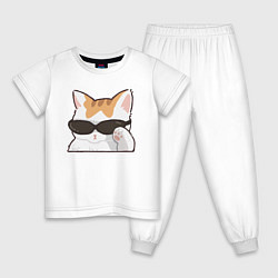 Пижама хлопковая детская Бело-рыжий котик в очках, цвет: белый