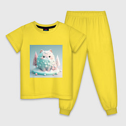 Пижама хлопковая детская Толстый снежный котик пастельные цвета, цвет: желтый