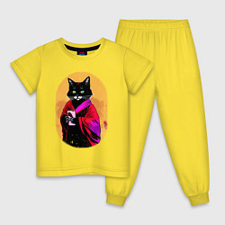 Пижама хлопковая детская Бомбейская черная кошка с телефоном в лапках, цвет: желтый