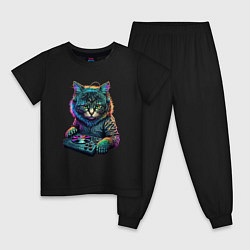 Пижама хлопковая детская Кот диджей, цвет: черный