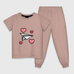 Пижама хлопковая детская Бумажный самолетик - сердца, цвет: пыльно-розовый