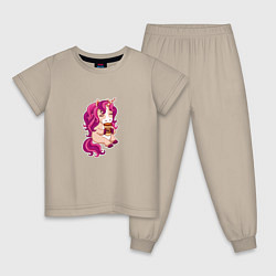 Пижама хлопковая детская Розовый единорог со стаканом кофе, цвет: миндальный