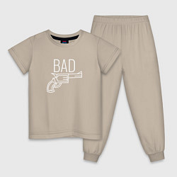 Пижама хлопковая детская Bad надпись с револьвером, цвет: миндальный