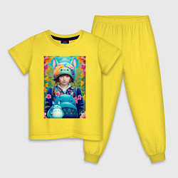 Пижама хлопковая детская Girl with Totoro - fantasy - neural network, цвет: желтый
