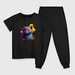 Пижама хлопковая детская Котик в красках, цвет: черный
