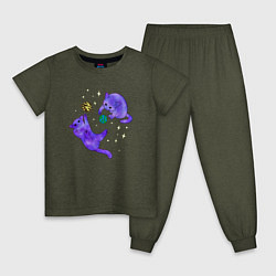 Пижама хлопковая детская Космические коты, играющие планетами, цвет: меланж-хаки