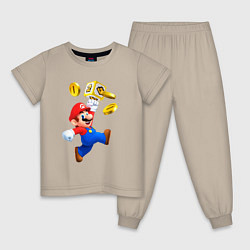 Пижама хлопковая детская Марио сбивает монетки, цвет: миндальный