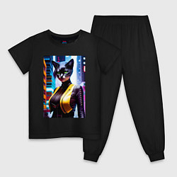 Пижама хлопковая детская Модная кошечка в Нью-Йорке, цвет: черный