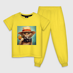 Пижама хлопковая детская Кот в соломенной шляпе с фотоаппаратом, цвет: желтый