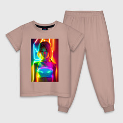 Пижама хлопковая детская Japanese girl - neon glow - neural network, цвет: пыльно-розовый