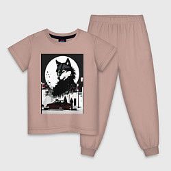 Пижама хлопковая детская Волк в ночном городе - нейросеть, цвет: пыльно-розовый
