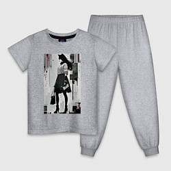 Пижама хлопковая детская Городская волчица - Нью-Йорк - нейросеть, цвет: меланж