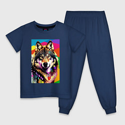 Пижама хлопковая детская Красочный волк - поп-арт - нейросеть, цвет: тёмно-синий