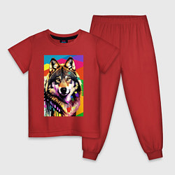 Пижама хлопковая детская Красочный волк - поп-арт - нейросеть, цвет: красный