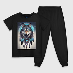 Пижама хлопковая детская Шаман волк, цвет: черный