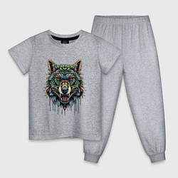 Пижама хлопковая детская Разноцветная голова волка, цвет: меланж