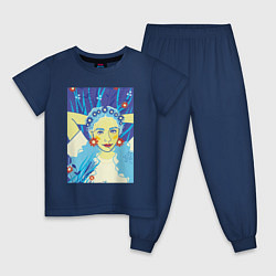 Пижама хлопковая детская Девушка с голубыми волосами в цветочном венке, цвет: тёмно-синий